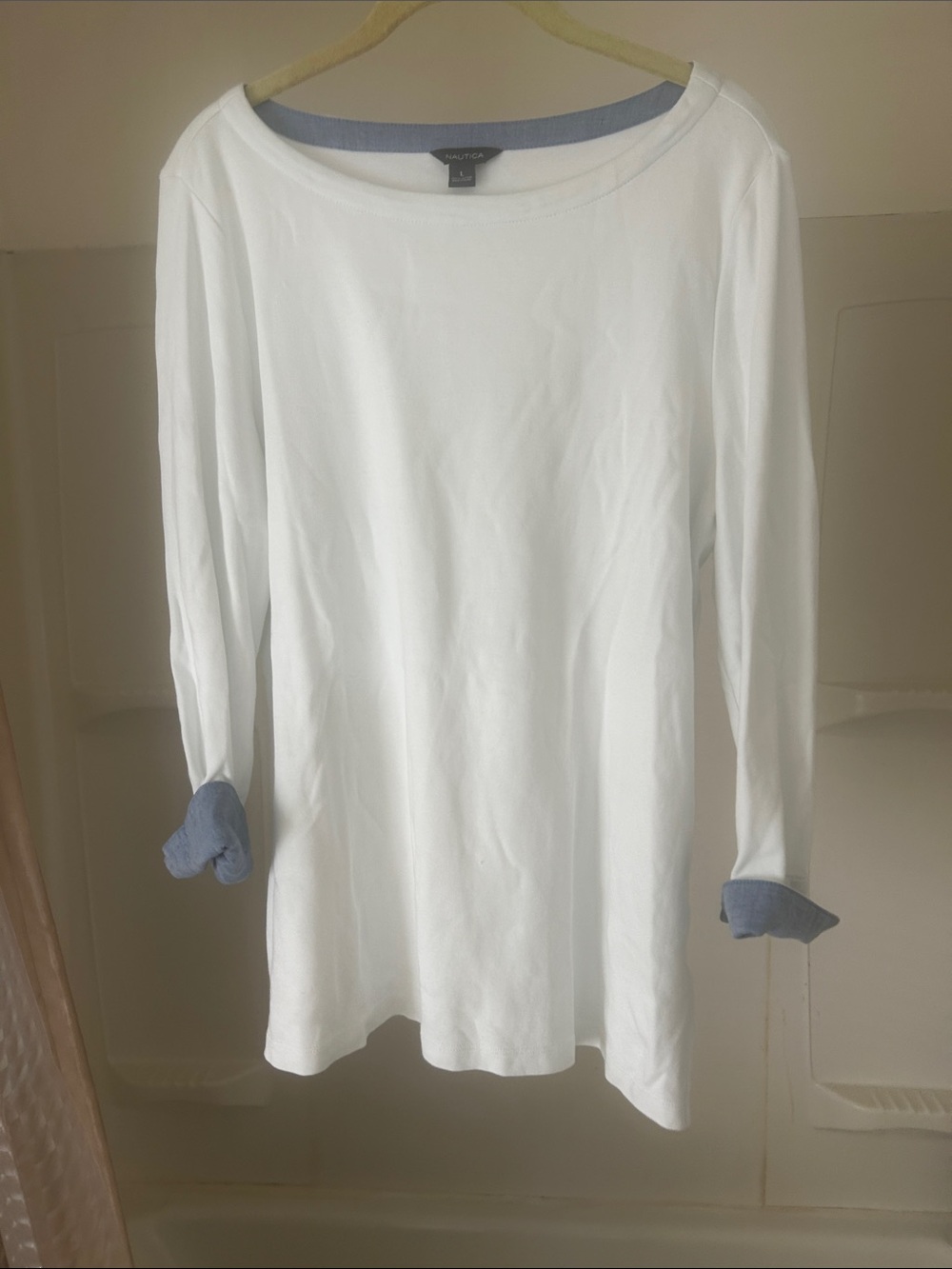 Nautica White Long-Sleeve Top with Blue Trimmed Neckline and Cuffs
100% Cotton